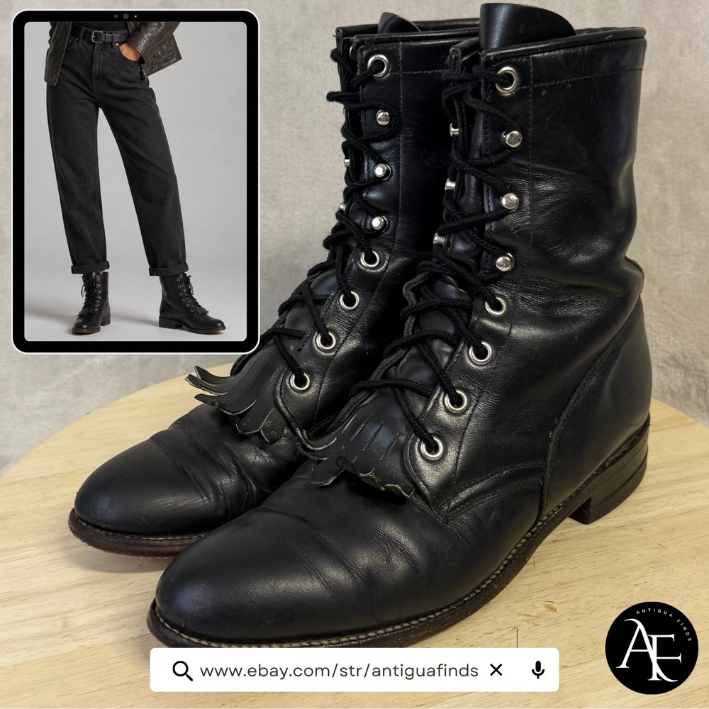 Justin L506 Black Leather Kiltie Packer Boots Womens 7.5 B Made in USA Lace Up